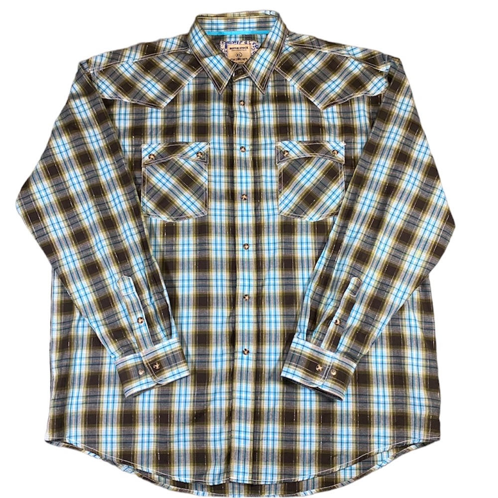 Rough Stock Mens Shirt XL Western Plaid Pearl Snap Panhandle Slim Rodeo Cowboy